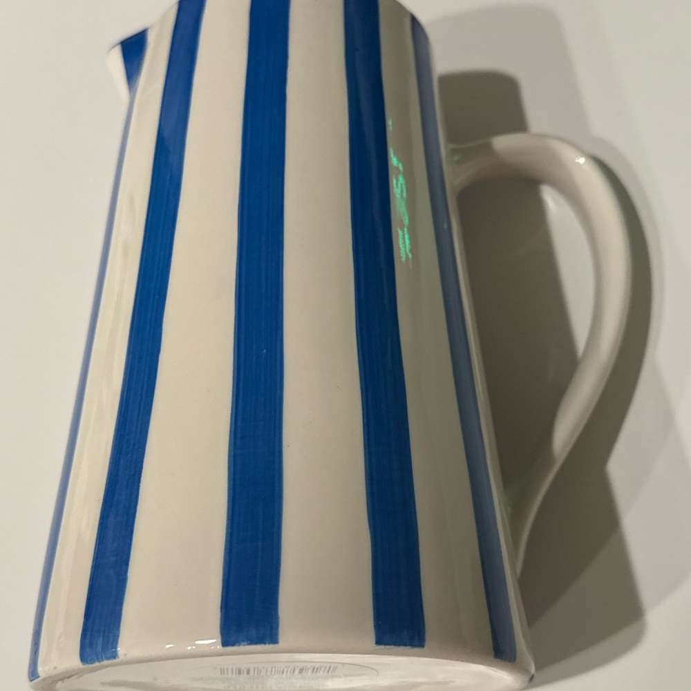 Blue and White Striped 60 ounce Ceramic Water Pitcher New!